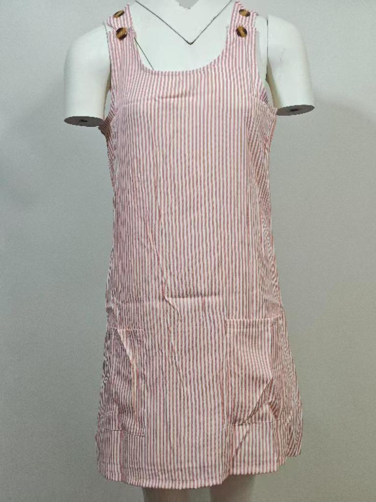 Striped Pocket Button Dress with Suspender and Short Skirt