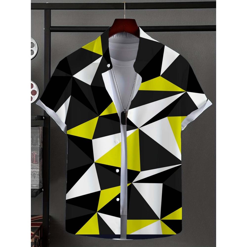 Men's shirt with novel striped patchwork pattern button up shirt, fashionable and casual new unisex shirt, vacation collar short sleeved shirt