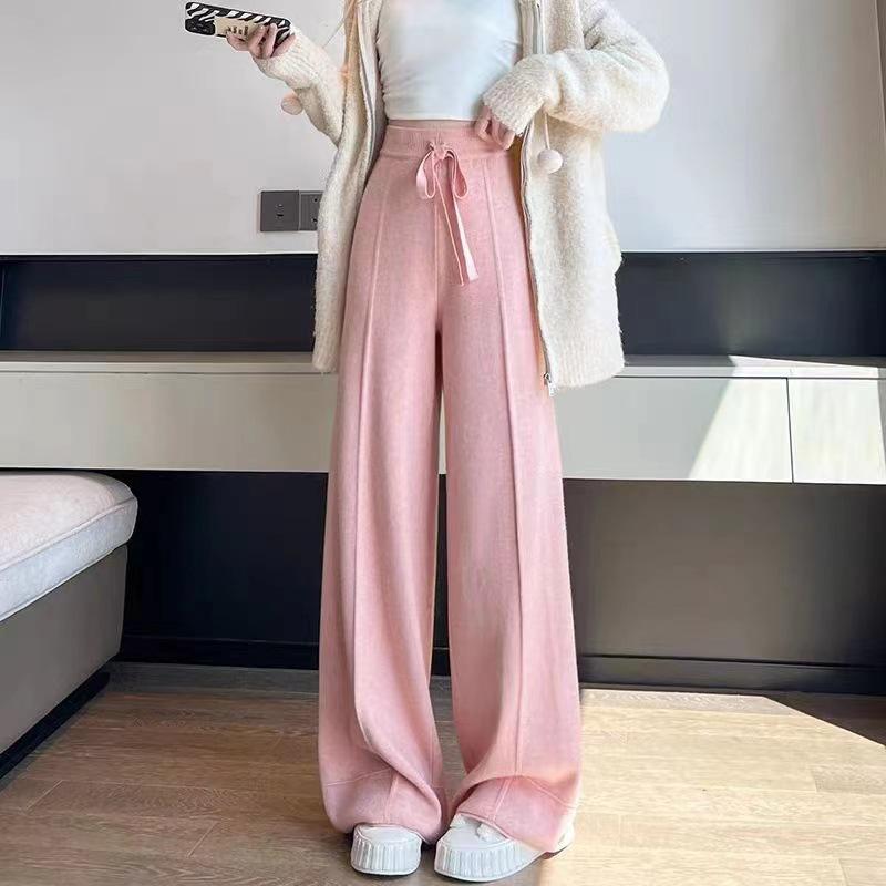 Autumn/winter new solid color simple straight-leg knit pants for women, elastic high-waist, versatile solid-color wide-leg pants