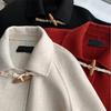 Black Horn Buttoned Coat for Women Autumn and Winter Solid Color Loose Fashion Coat Hepburn Style Woolen Coat