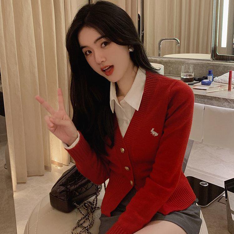 2025 Autumn/Winter V-neck Long Sleeve Knit Cardigan with Rabbit Embroidery – College Style Age-Reducing Versatile Top