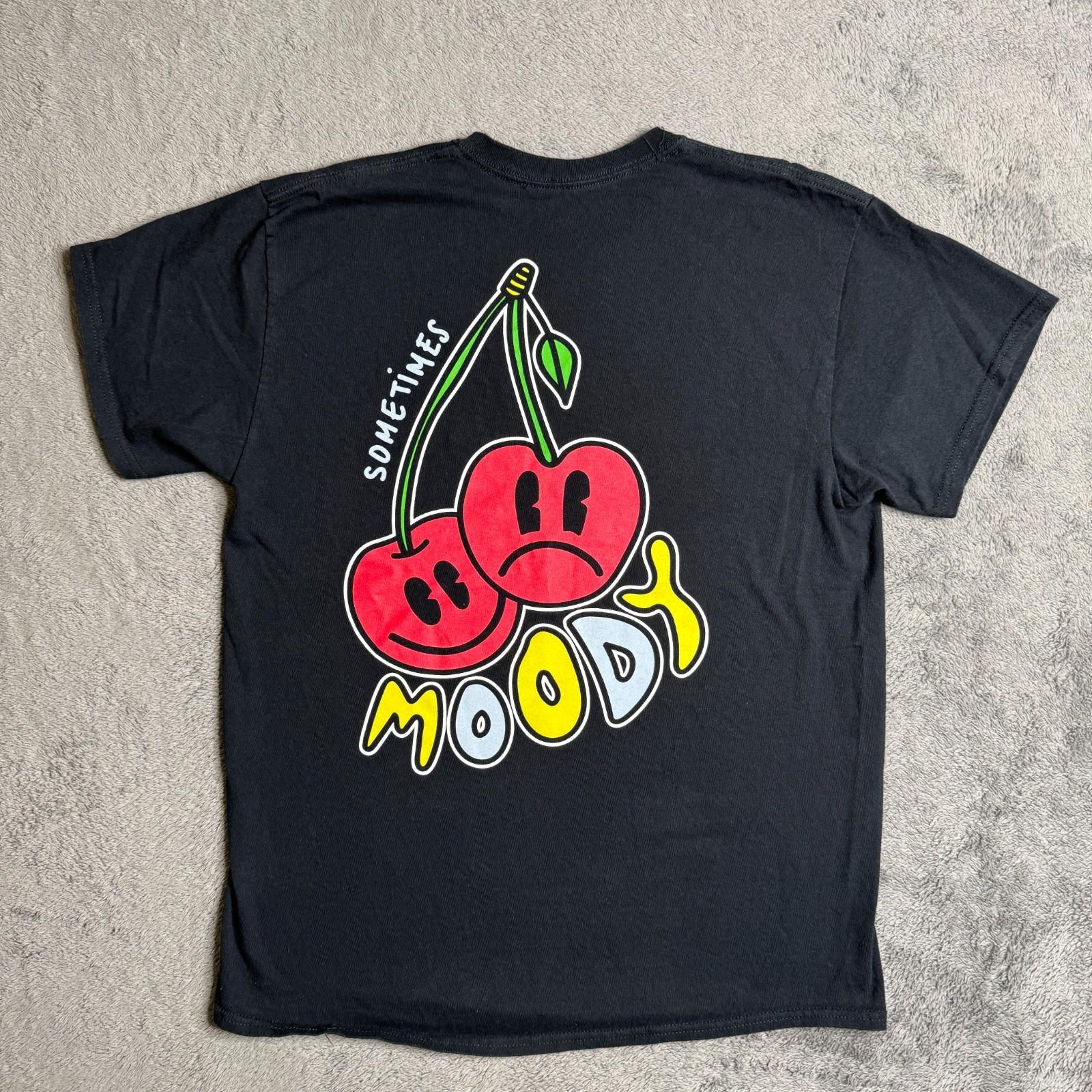 Y2K Alab Tee Shirt SOMETIMES MOODY Cherry Print Black Crew Neck Adult L SS Unisex T-Shirt S