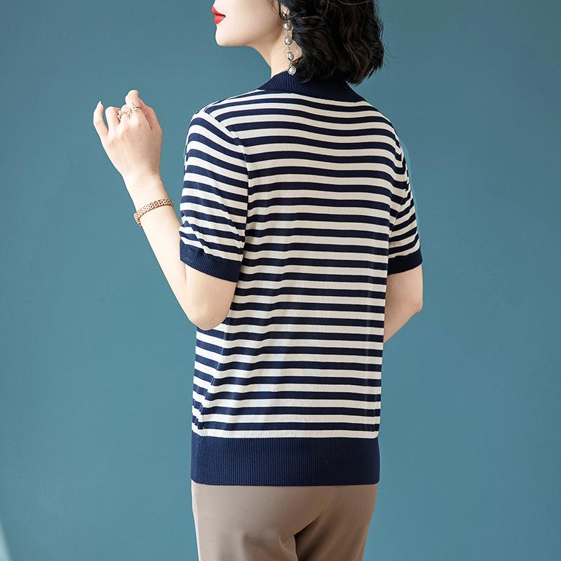 Elegant Ice Silk Striped T-Shirt for Middle-Aged Women - Summer 2026 Edition