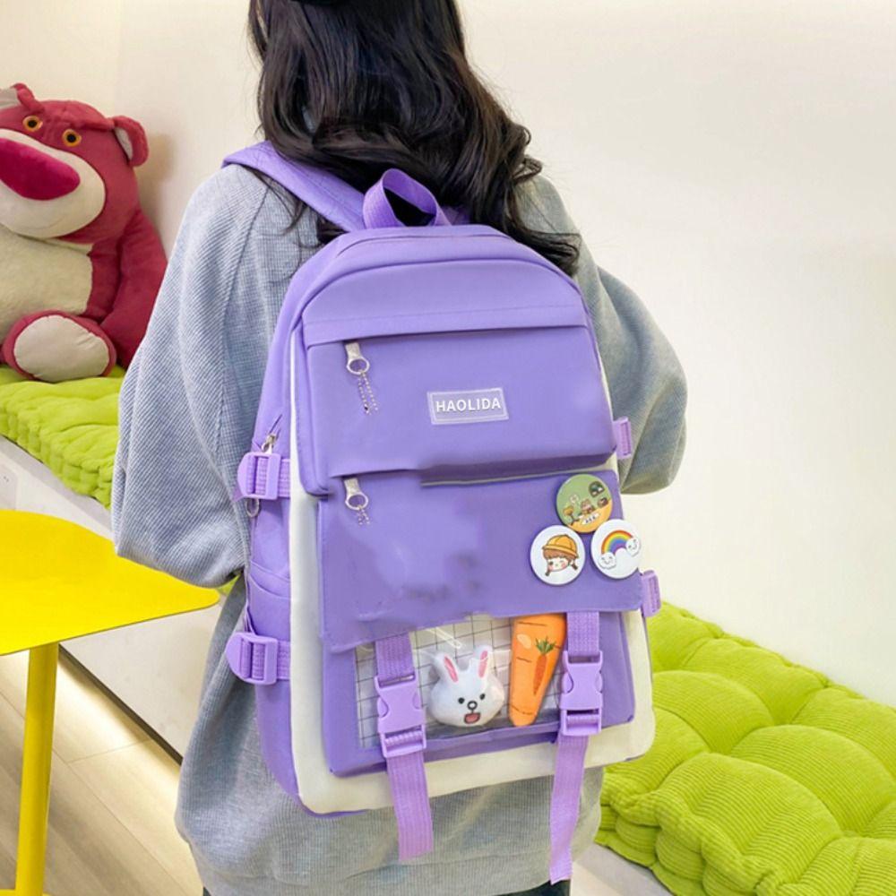 Simple Badge Shoulder Backpack Nylon Korean Style School Bag Sweet Large Capacity Bags  Girls