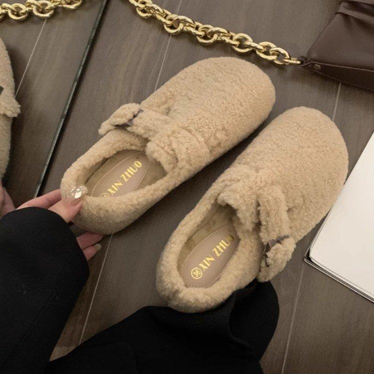 Inner heightening thick-soled lamb wool shoes for women to wear outside in winter, warm and velvet Boken shoes, one pedal, Doudou cotton shoes