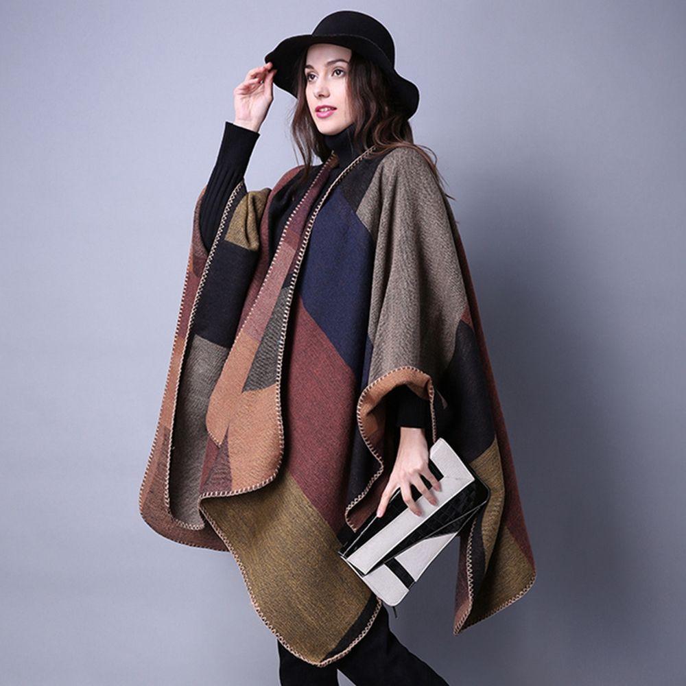 Soft New Women Cashmere Scarf Blanket Cloak Patchwork Plaid Poncho Wrap Shawl