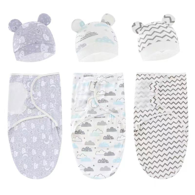 Baby Wrap Blanket & Beanie Hat Newborn Swaddling Blanket Cotton Sleeping Bag Hospital Hat for Infant Gender Neutral Hat