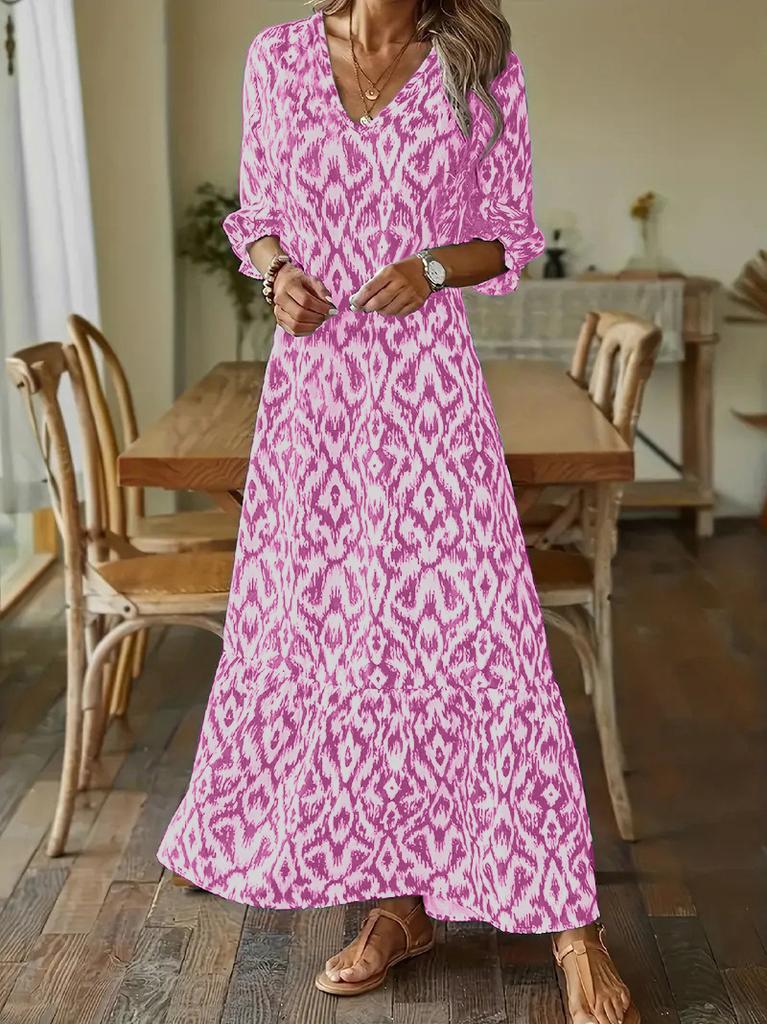 European and American Independent Station Autumn and Winter Fashionista Casual Sweet Loose V-Neck Printed Medium Sleeve Long Dress