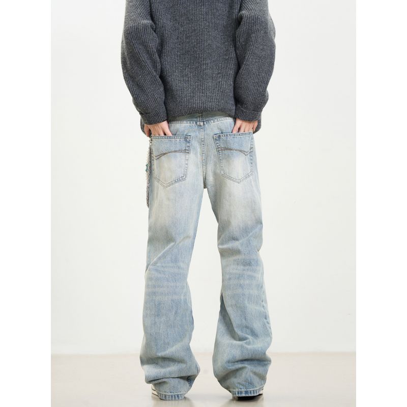 Kisko American High Street Washed Commuter Blue Flared Jeans Unisex Versatile Straight-Leg Cleanfit Pants