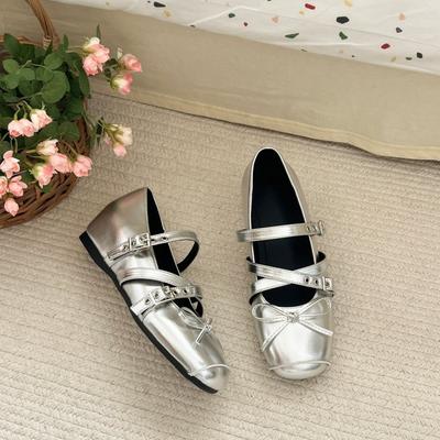 Silver Inner Height Increase Mary Jane Shoes Bow Flat Bottom New 6Cm French Single Shoes Women'S Summer Ballet Large Size Women'S Shoes
