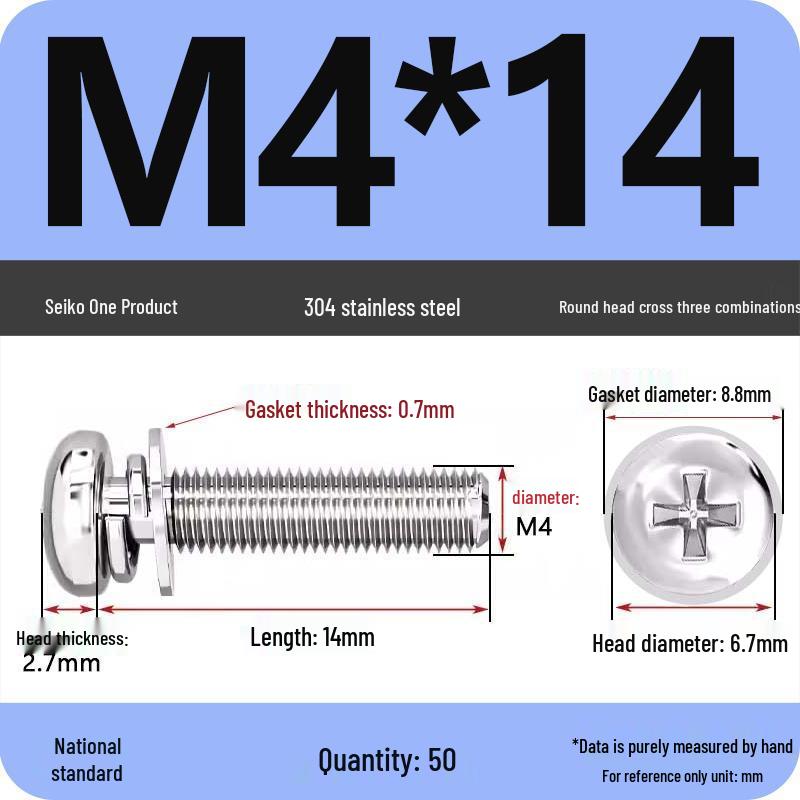 304 Stainless Steel Round Head Phillips Screw with Flat Washer (Sizes M3, M4, M5, M6)