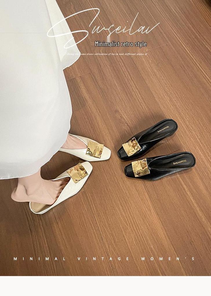 Wei Wei Retro Square Toe Slip-On Women's Sandals with Square Buckle