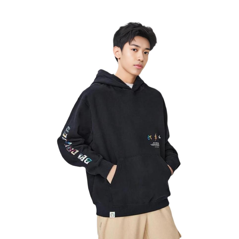 Li-Ning Wade Series Solid Color Letter Print Fleece-Lined Warm Long Sleeve Sweatshirt Unisex Tops Black AWDSI37-1