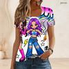 Women Plus Size Short Sleeve U Neck T Shirt Y2K Colorful Cartoon Street Girl Star Lightning Print Top
