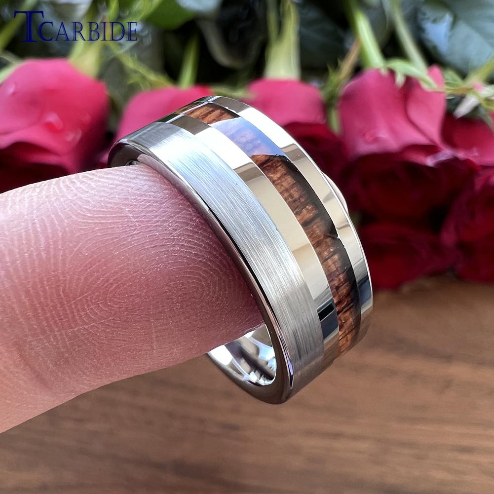 6MM 8MM Black Wedding Band For Men And Women Offset Groove With Real Wood Inlay Trendy Gift Jewelry Comfort Fit