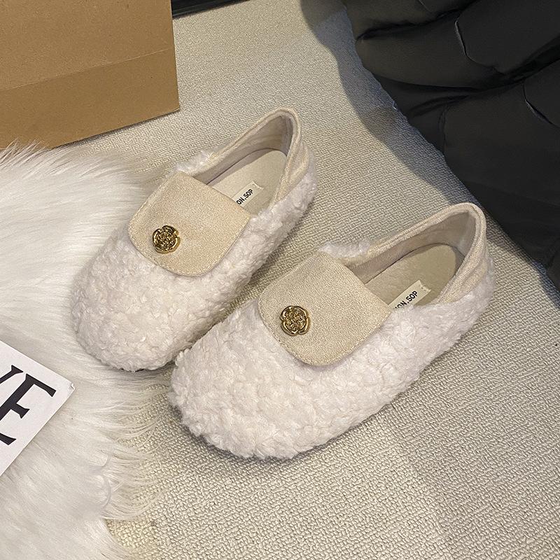 French Flat-soled Lamb Wool Shoes Women's Shoes Wear 2025 New Autumn and Winter Velvet Cotton Shoes Soft-soled Beanie Shoes