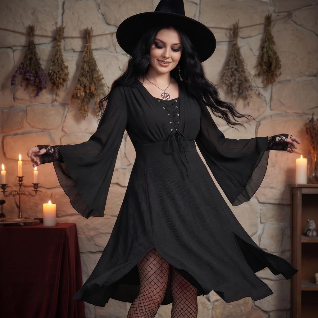 Women V Neck Long Sleeve Lace Up Maxi Dress with Split Hem and Flared Cuff Retro Style for Casual or Special Occasions