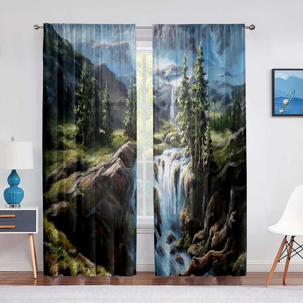 Pictură Artă Râu Pădure de Munte Perdele Tulle pentru Decor Living Dormitor Șifon Transparent Voal Pur Cortină de Fereastră