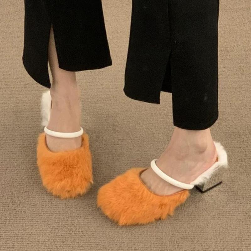 

Туфли на высоком каблуке с меховым леопардовым принтом, женские туфли с открытой пяткой, тренд 2025 года, дизайнерские зимние новые элегантные шлепанцы, туфли-лодочки Mujer Zapatillas 39 оранжевый