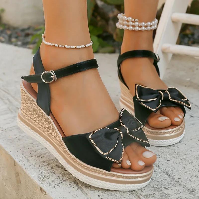 Lovely Girls Beige Bowtie Sandals Comfortable Platform Wedge Heels Shoes Woman Open Toe Ankle Strap Plus Size Sandalias Mujer
