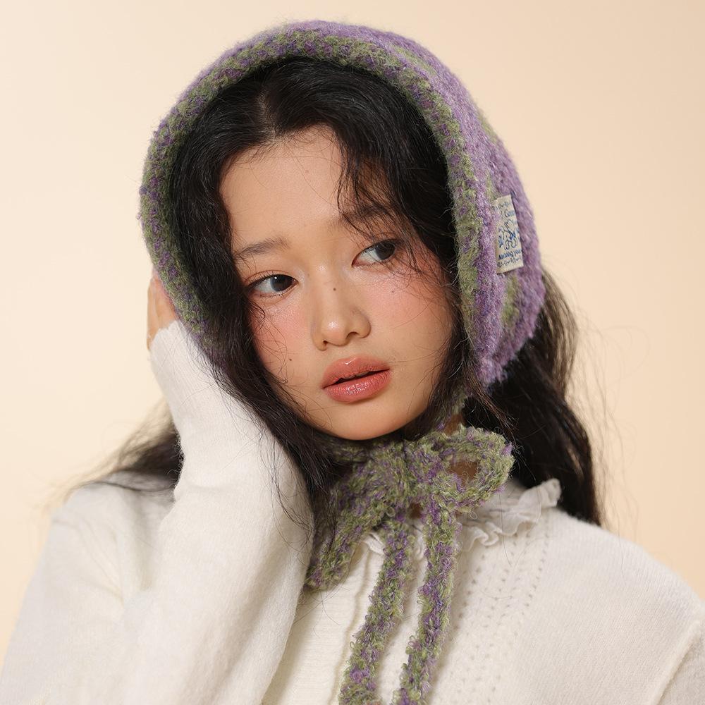 Red polka dot contrasting color knitted ear protection headscarf women's autumn and winter new student warm versatile hat