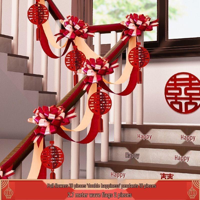 Double Happiness Ribbon & Flower Stair Railing Decoration for Wedding Room