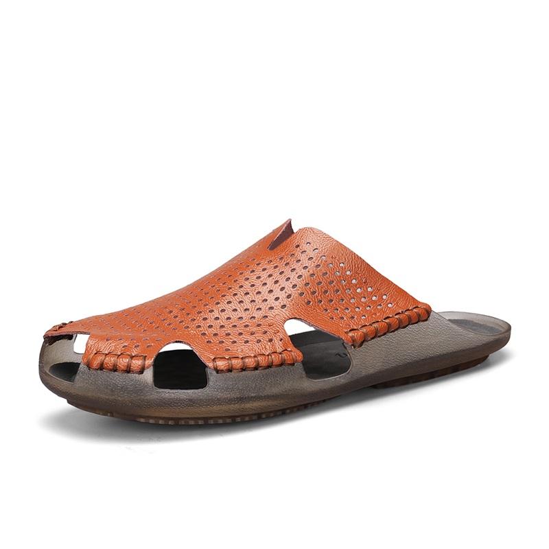 Fashion Quick Dry Men's Leather Slides Comfortable Male Slippers Anti-Slip Outdoor Half Drag Handmade Hollow Out Sandals Man Flip Flops