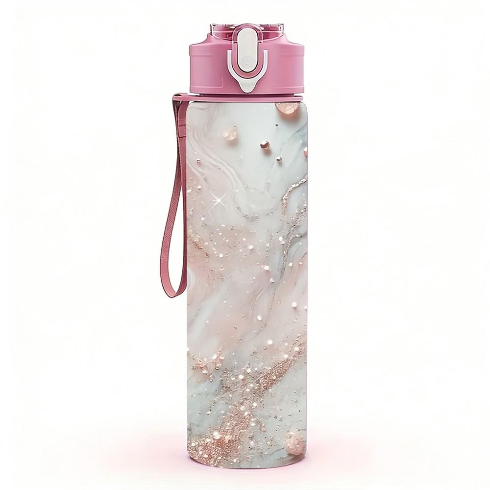1PC Blush Pink Stone Marble Pattern 750ml Color Plastic Sports Water Bottle Leakproof Flip Straw Lid Suitable for Sports Office Home Use