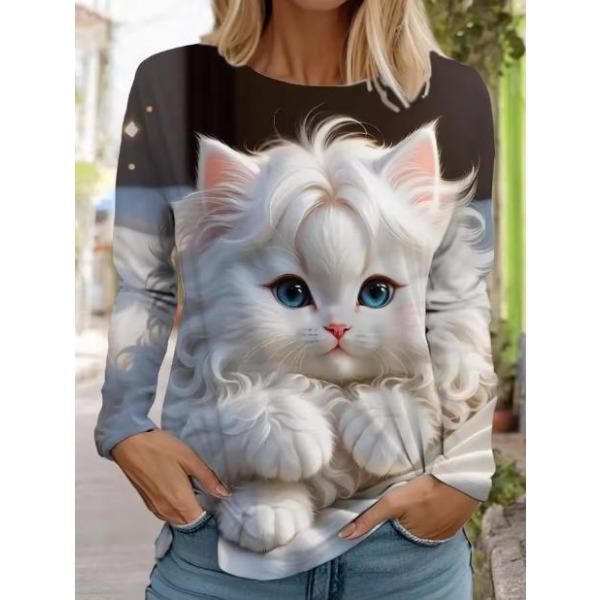 Camisetas de Mujer de Manga Larga Casuales de Moda con Cuello Redondo y Estampado de Gato Lindo con Impresión 3D para Primavera y Otoño