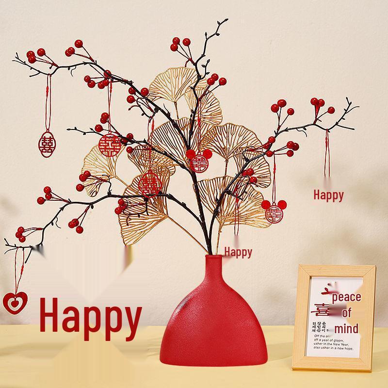 Red Fruit Prosperity Flower Arrangement Figurine for Wedding and Living Room Decor