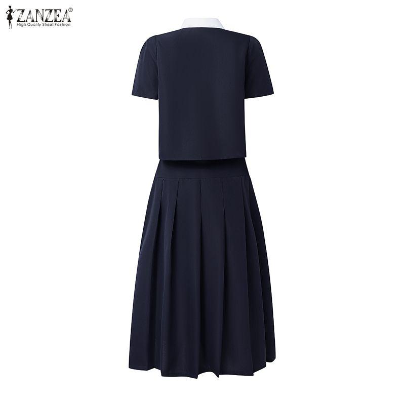 ZANZEA Women Short Sleeve Blouse and Midi Skirts Summer Two Piece Suit Sets