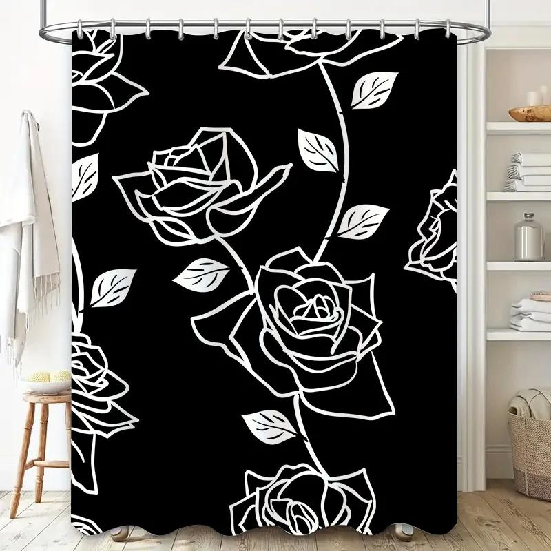 Black White Floral Shower Curtain Waterproof Print Home Decor Bath Rug Room Decorative Canvas Fabric Curtains