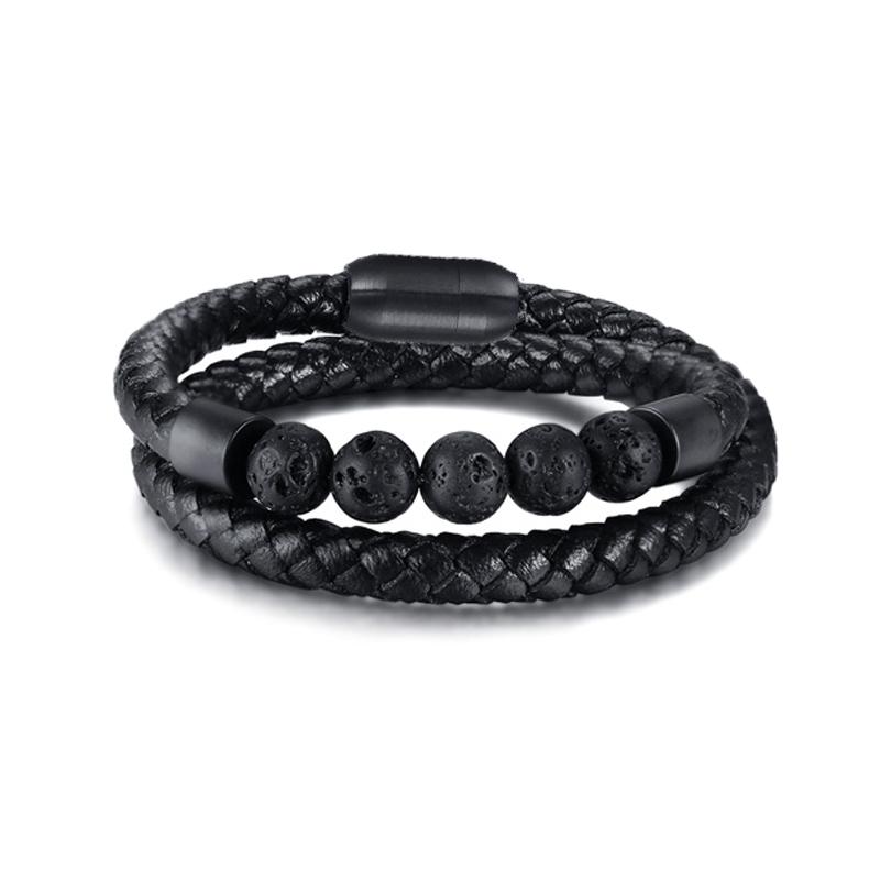 Titanium Steel Man Chakra Jewelry Wholesale Stainless Steel Men's Black Leather Volcanic Beaded Braclets Stone Leather Bracelets