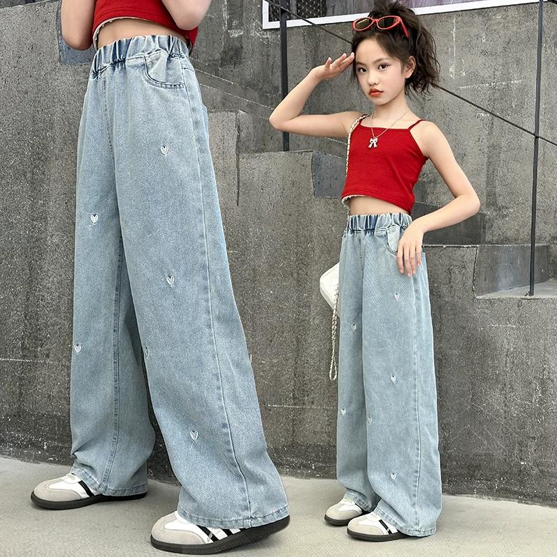 Summer Spring Girls Middle School Fashion Loose Solid Color Small Love Jeans Casual Pants Wide Leg Pants 4-10 Years Old