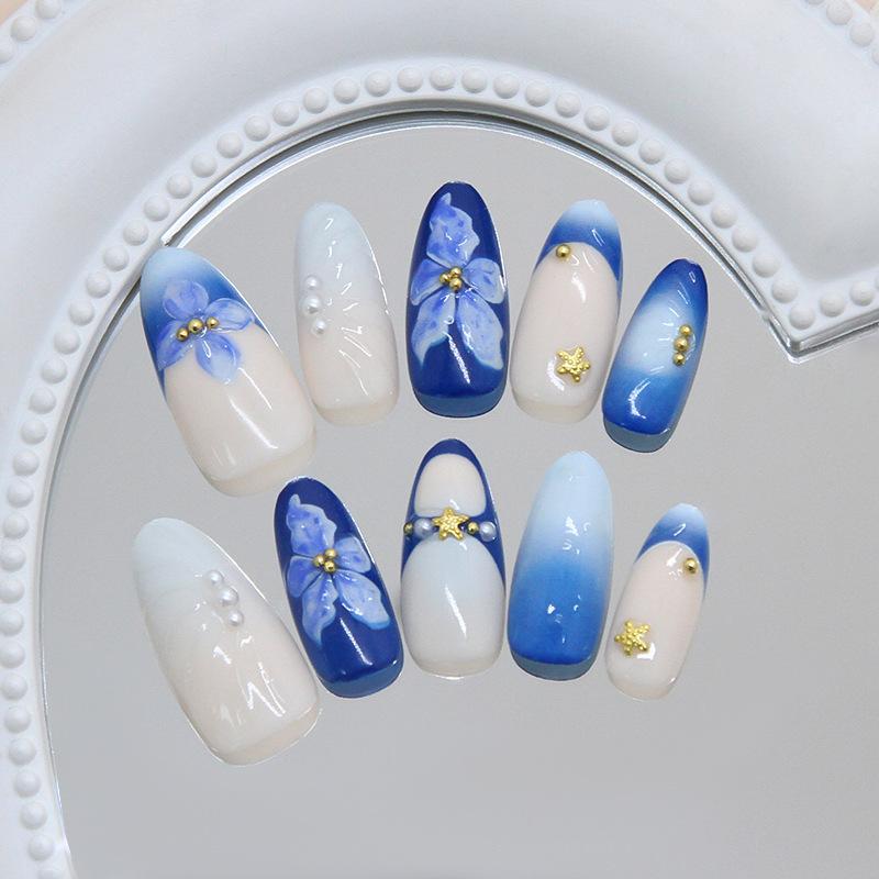 Three-dimensional sea blue smudged ice flower pearl starfish ripple sweet fashion European and American style removable nail art pieces 30 pieces