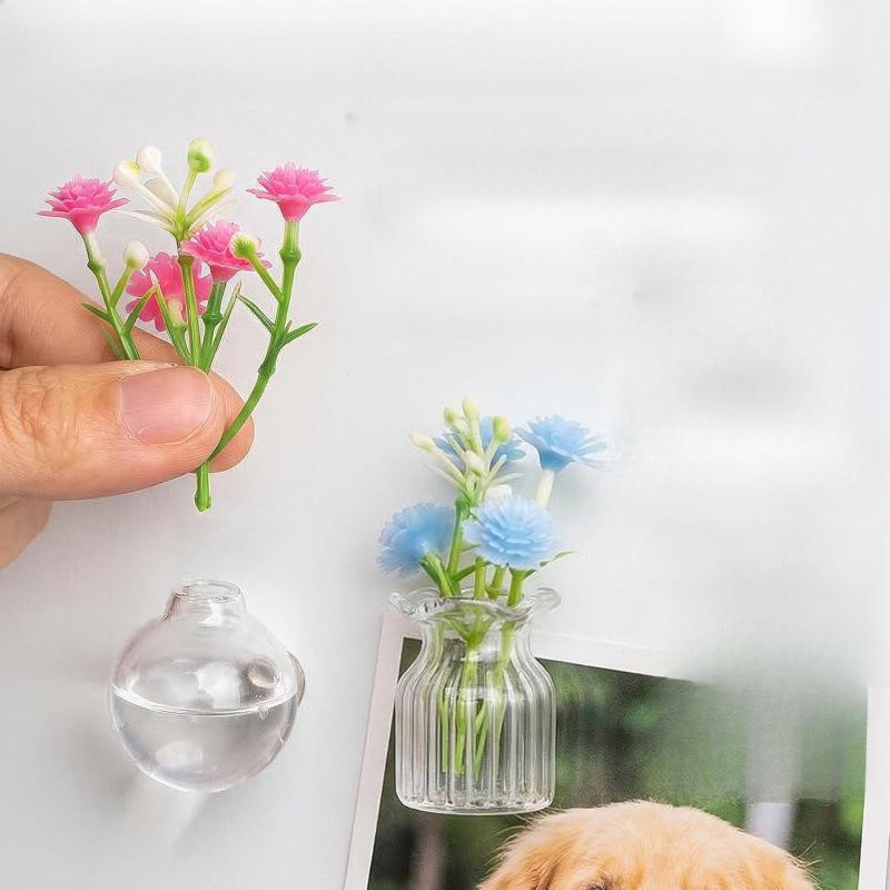 Mini Glass Vase Fridge Magnets 8-Pack DIY Artificial Flower Fridge Magnets Creative Decorative Magnetic Flower Pot Home Kitchen Decor