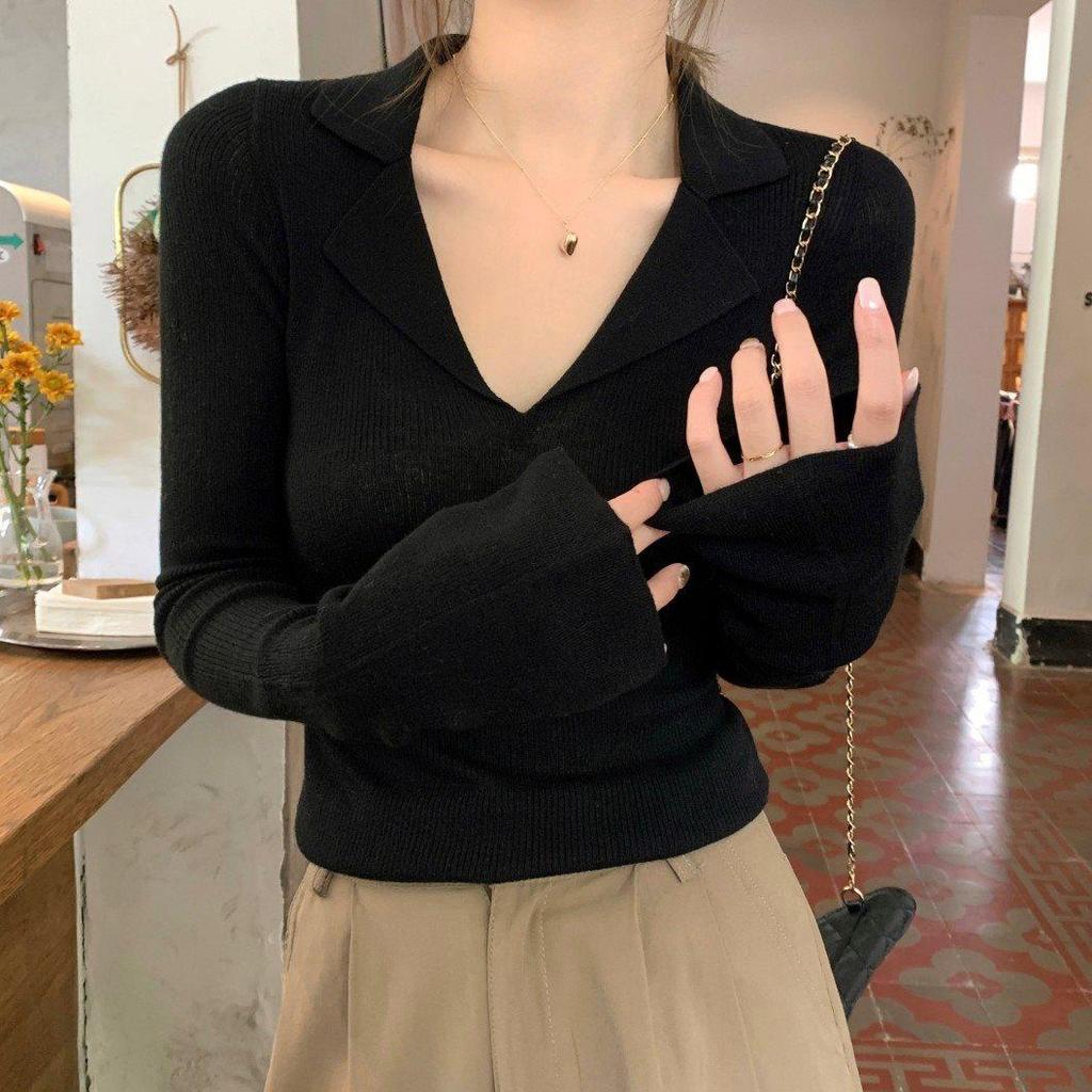 Women's V-Neck Polo Collar Knit Sweater for Spring/Autumn