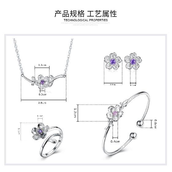 Hot Fashion 925 Sterling Silver Pink Zircon Cherry Blossoms Flower Necklace+Earrings+Bracelet+Ring Jewelry Sets for Women Girl