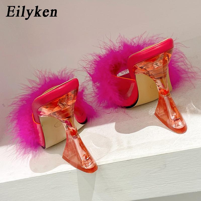 Eilyken Mode Bonbonfarben Feder Damen Hausschuhe Transparent Kristall Plexiglas Hufabsätze Peep Toe Pantoletten Slides Schuhe