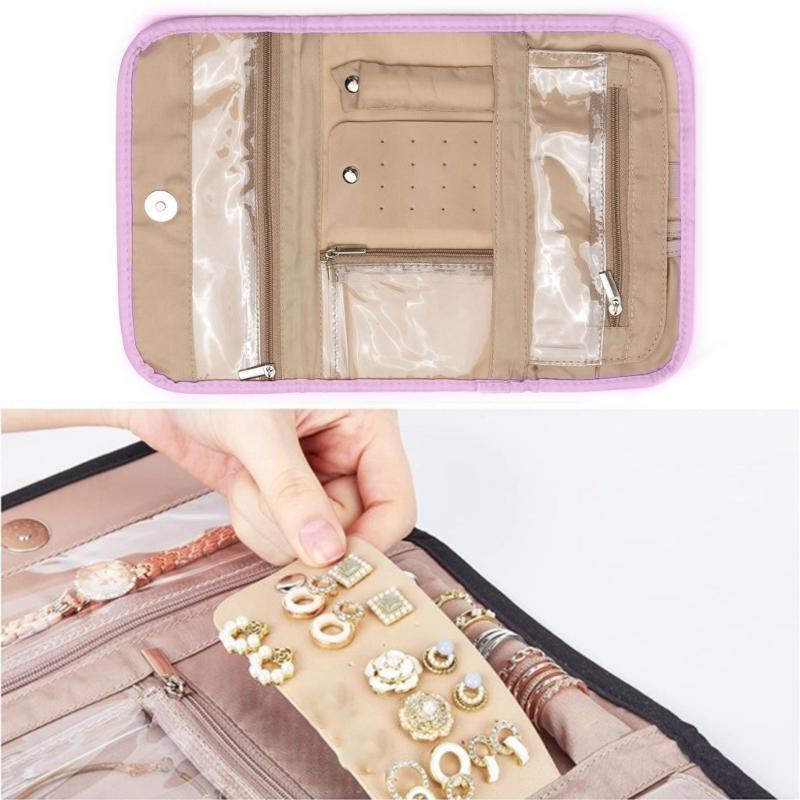 Schmuck-Reiseorganizer aus Polyester, rollbar, mehrlagig, Fächer für Ohrringe, Halsketten und Armbänder, für Zuhause und unterwegs