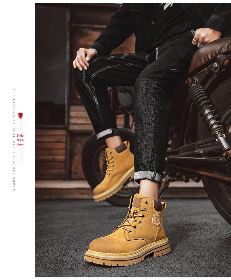 Men's Yellow Ins Style Leather Boots - High-Top, Plus Velvet, Autumn/Winter, Martin Boots for Couples