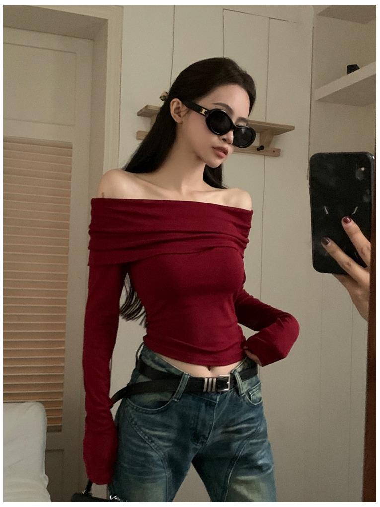 

Осень 2024 Красный ретро-свитер на одно плечо с длинными рукавами для женщин M красный