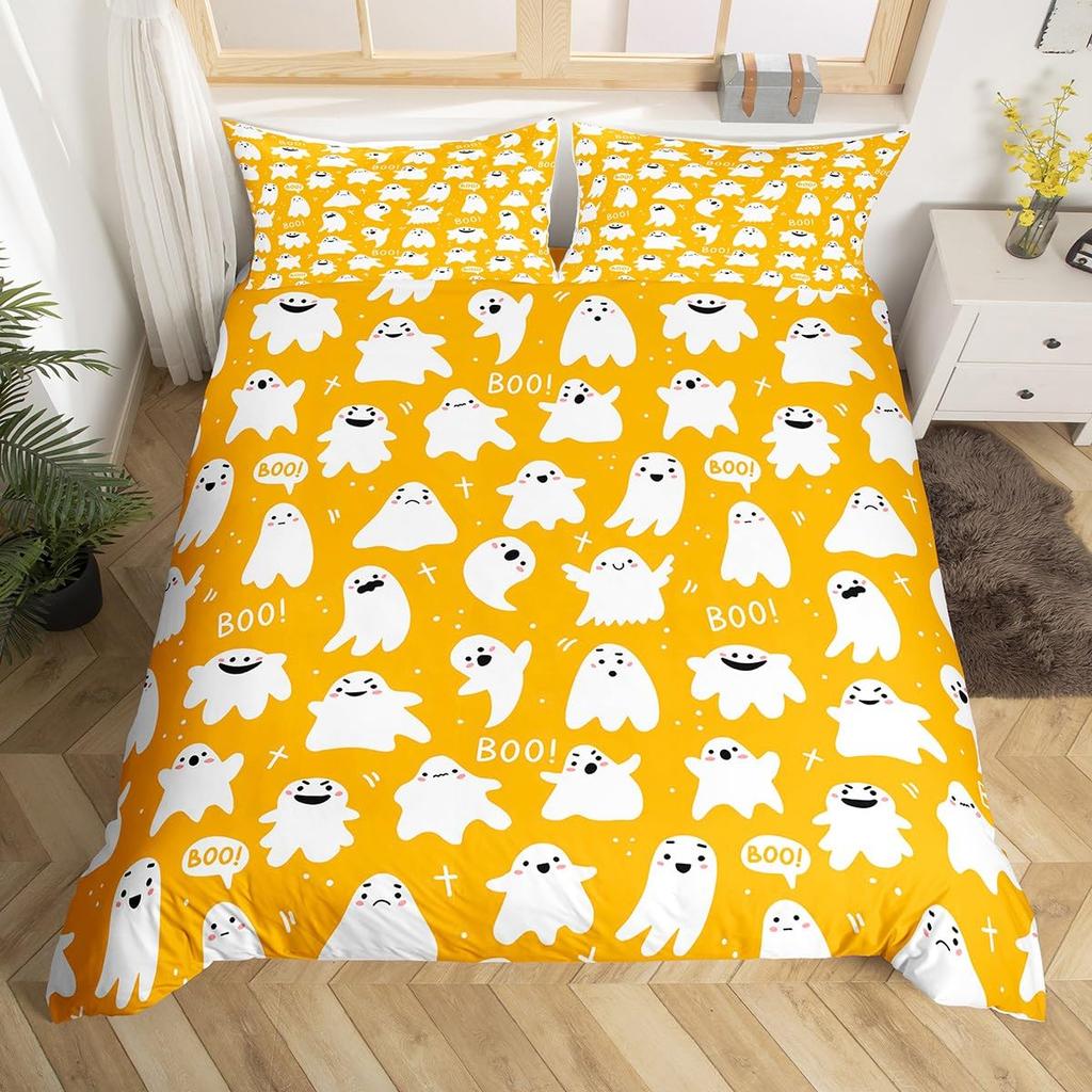 Cute Ghost Duvet Cover Halloween Theme Yellow Bedding Set Pumpkin Lantern Floral Ghosts Comforter Cover Polyester Quilt Cover
