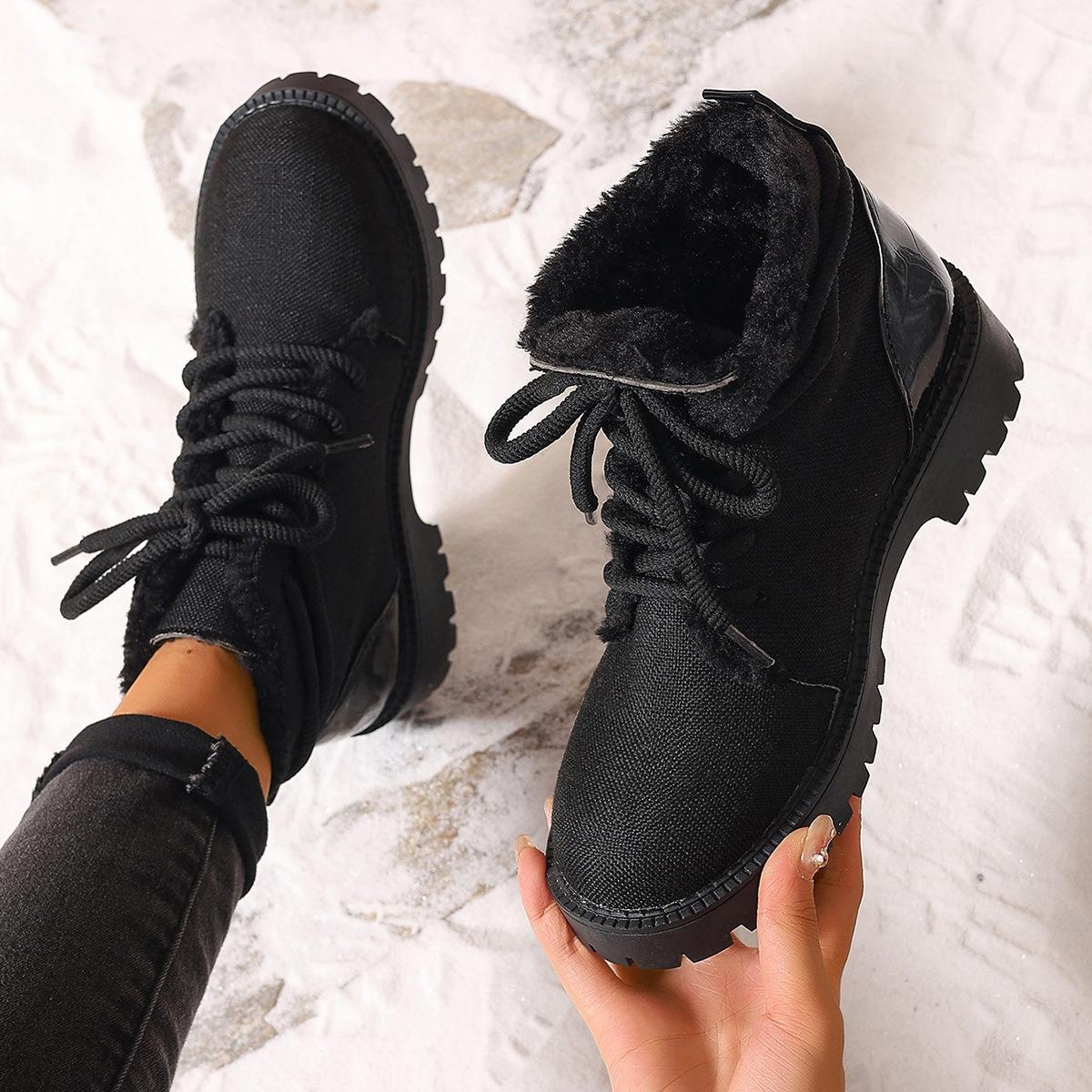 

2024 winter new linen winding belt black small short boots suede lace-up square heel cotton Martin boots 35 чёрный