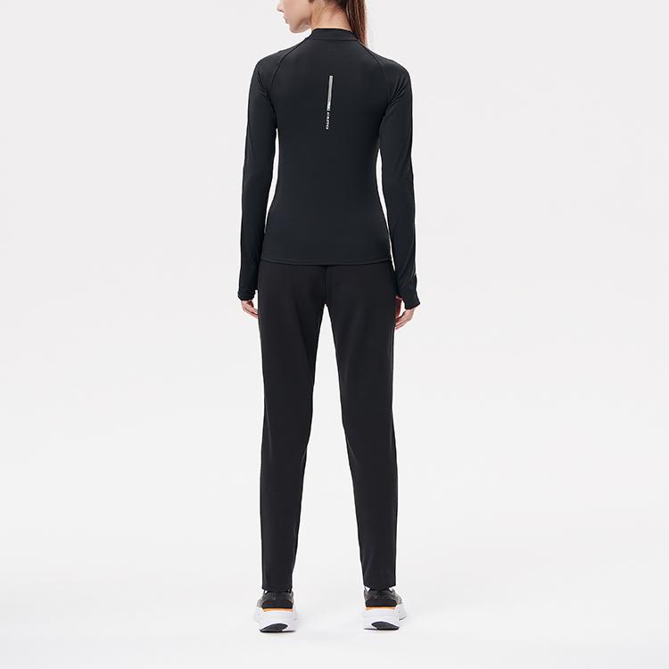 Fila Athletics Side Stripe Half High Neck Printed Sports Casual Tight Knit Long Sleeve Raglan T-Shirt Women Tops Deep-Black A11W141201F-BK