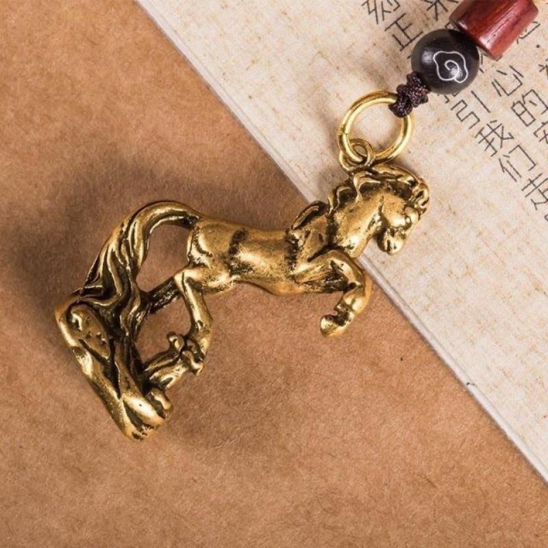 1pc Porte-clés en Laiton Massif Pendentif Miniature Cheval Signes du Zodiaque Chinois Artisanat Bricolage Décoration Porte-clés Animaux