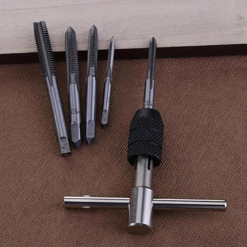 High Quality 6pcs T-type Wrench Drill Set Hand Tapping Tools Machine Screw Thread Tap Twist Bit M3/M4/M5/M6/M8 Tap Set DIY Tool