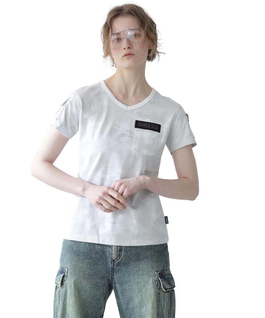 AVIREX Women's SS FATIGUE V-NECK T-SHIRT S 783-0932002 White Camo3