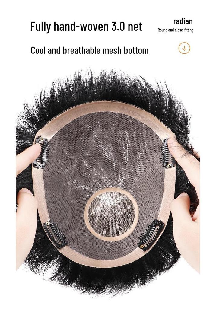 Men's Real Human Hair Short Wig – Invisible Hair Patch, Glue/Clip Option, Trimmed Top Piece