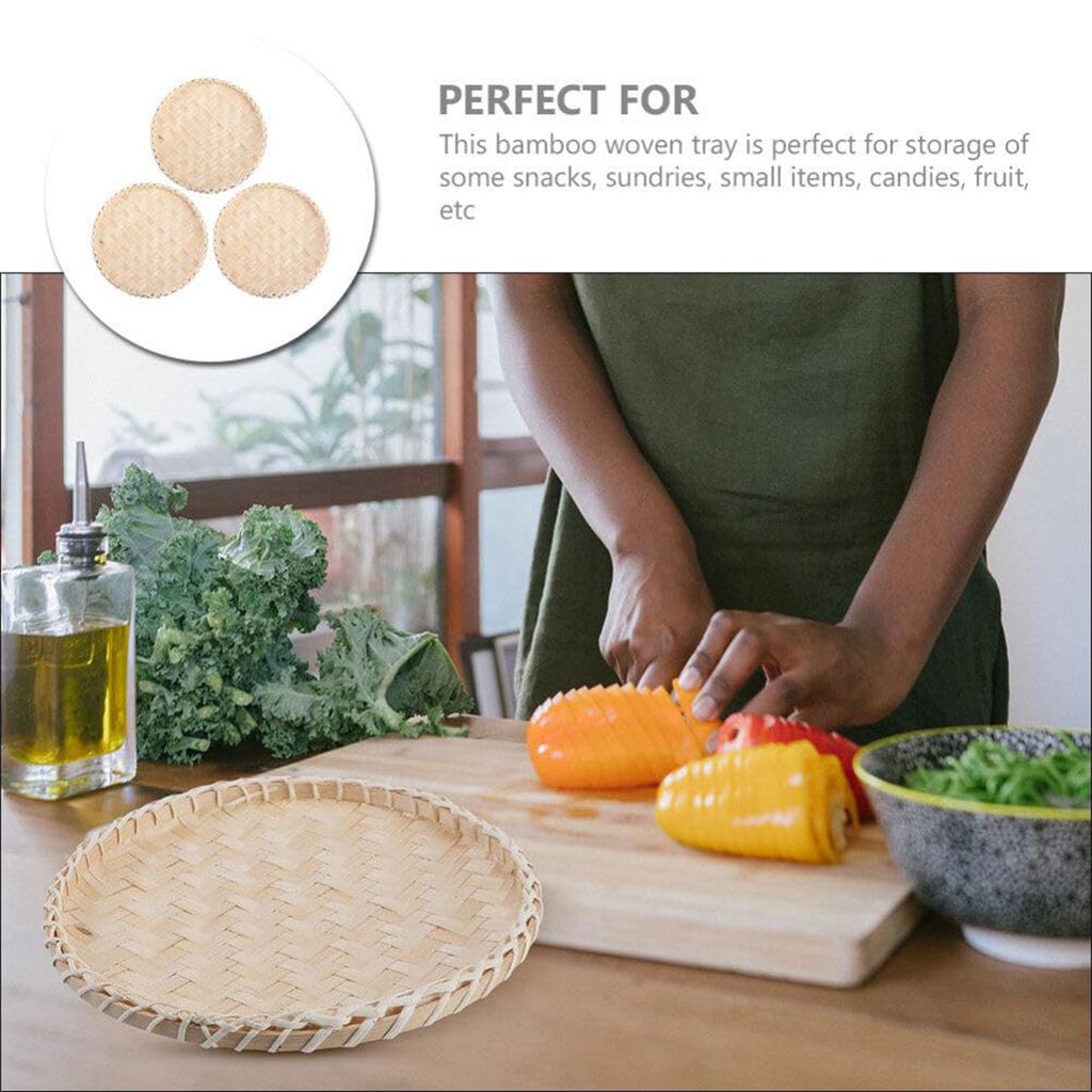 Handmade Bamboo Woven Basket Tray,Flat Wicker Round Fruit Basket Woven Food Storage Shallow Tray Decorative Serving Tray Wall